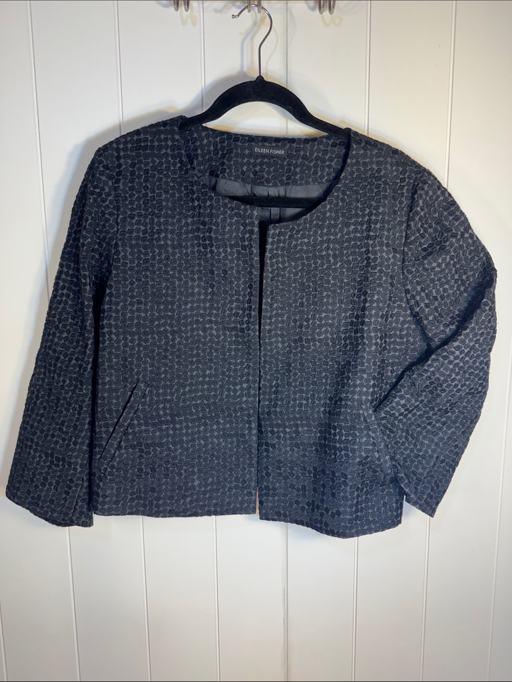 Eileen Fisher Black Textured Cropped Open-Front Jacket